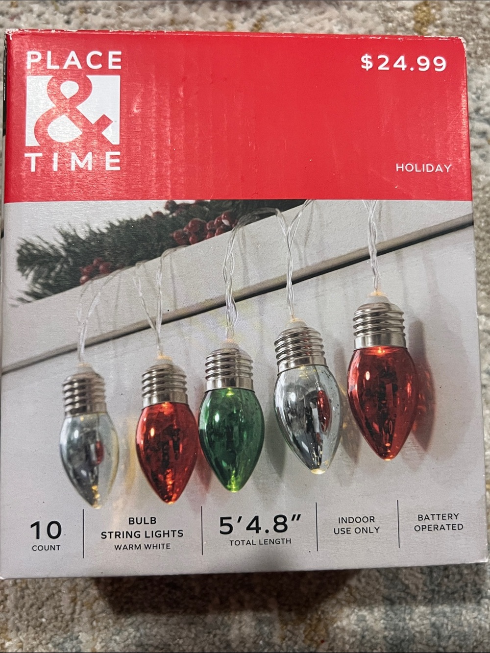 Holiday Red, Green & Silver Bulb String Lights battery powered 5.4ft